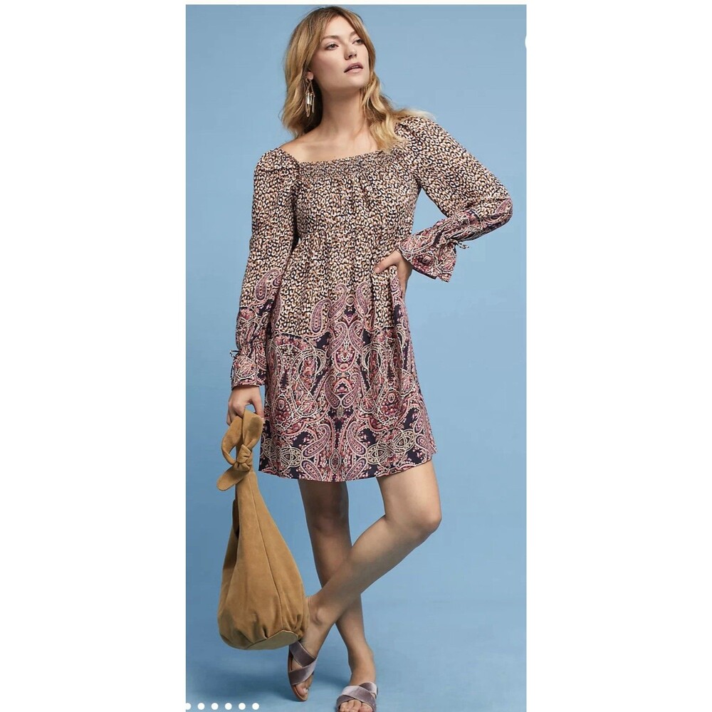 Anthropologie Maeve Dress Pink Floral Paisley Smocked Long Sleeve Boho Medium
